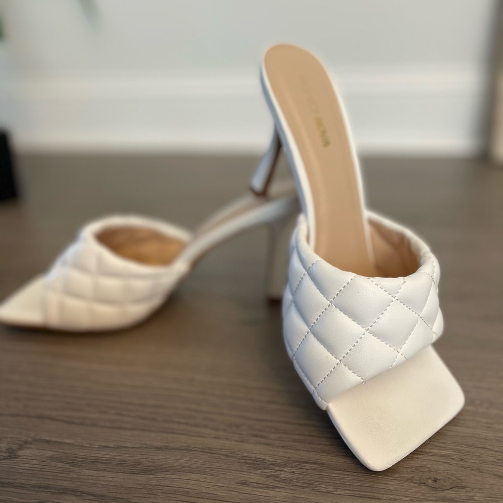White patten leather mules heels